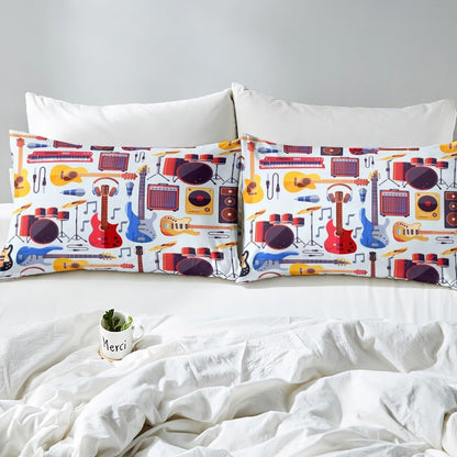 Manfei Musical Kids Fitted Sheet Full Size, MusicalGuitar Radio Drum Kit Headset Print Bedding Set 3pcs for Boys Girls, Rock Music Bed Cover with 2 Pillowcases, Soft Polyester Bedding, No Top Sheet
