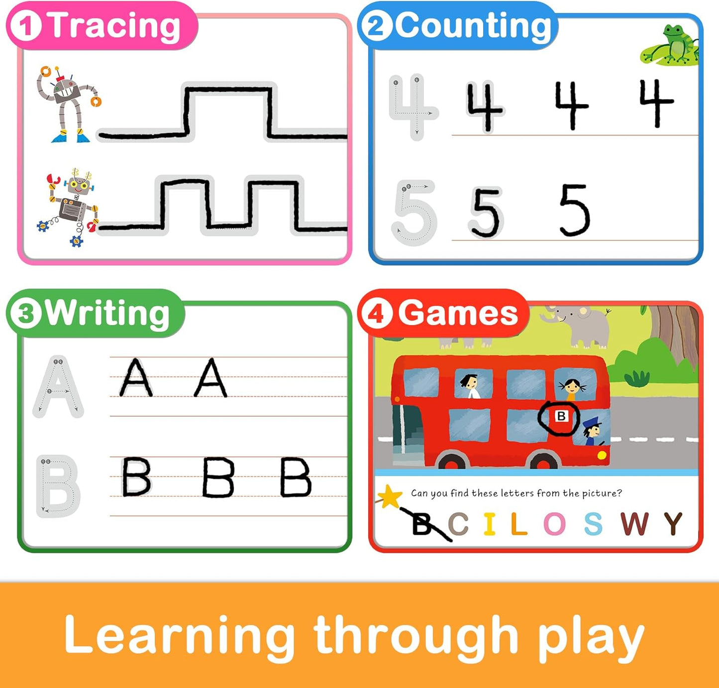 Preschool Learning Activities 60 Reusable Pages, Tracing Letter Number Handwriting Practice Book for Kids, Montessori Autism Educational Fine Motor Toddler Learning Toys for 3 4 5 Year Olds