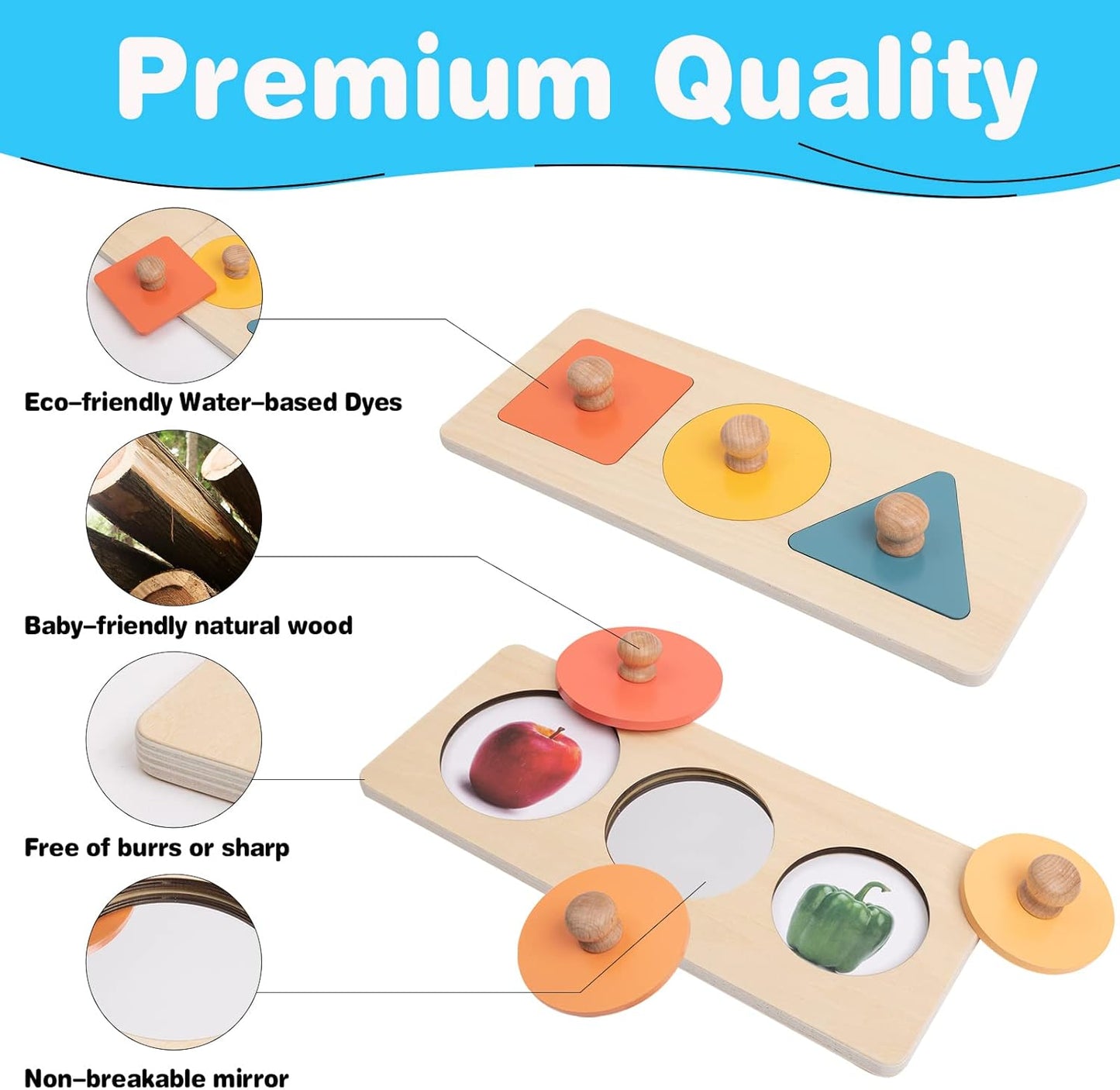 Twefex Baby Puzzles 12-18 Months - Montessori Multiple Shapes Knob Wooden Puzzles for Toddlers 1-3 - Peekaboo Photo Puzzle with Baby Mirror & 10 Real-Life Cards