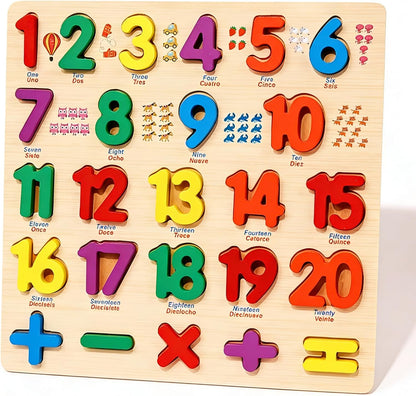 Wooden Number Puzzle for Young Children, 1-20 Digit Operation Symbol Puzzle, Suitable for Number Learning and Educational Toys for Preschool Children Aged 3-5 Years Old
