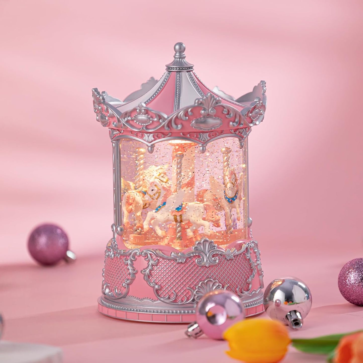 Snow Globe Lantern with Violin Girl – Shatterproof, Glitter Snowglobe 10 Songs Music Box, Led Light, USB or Battery Powered, for Girls Spring Day Gifts Birthday Home Decor Fall Decoration, Silver