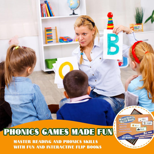 30 Read and Rhyme Flip Books, 1Set Word Family Build Book, Sight Words Flash Cards Kindergarten, Phonics Flash Cards Reading Games (1Pack)