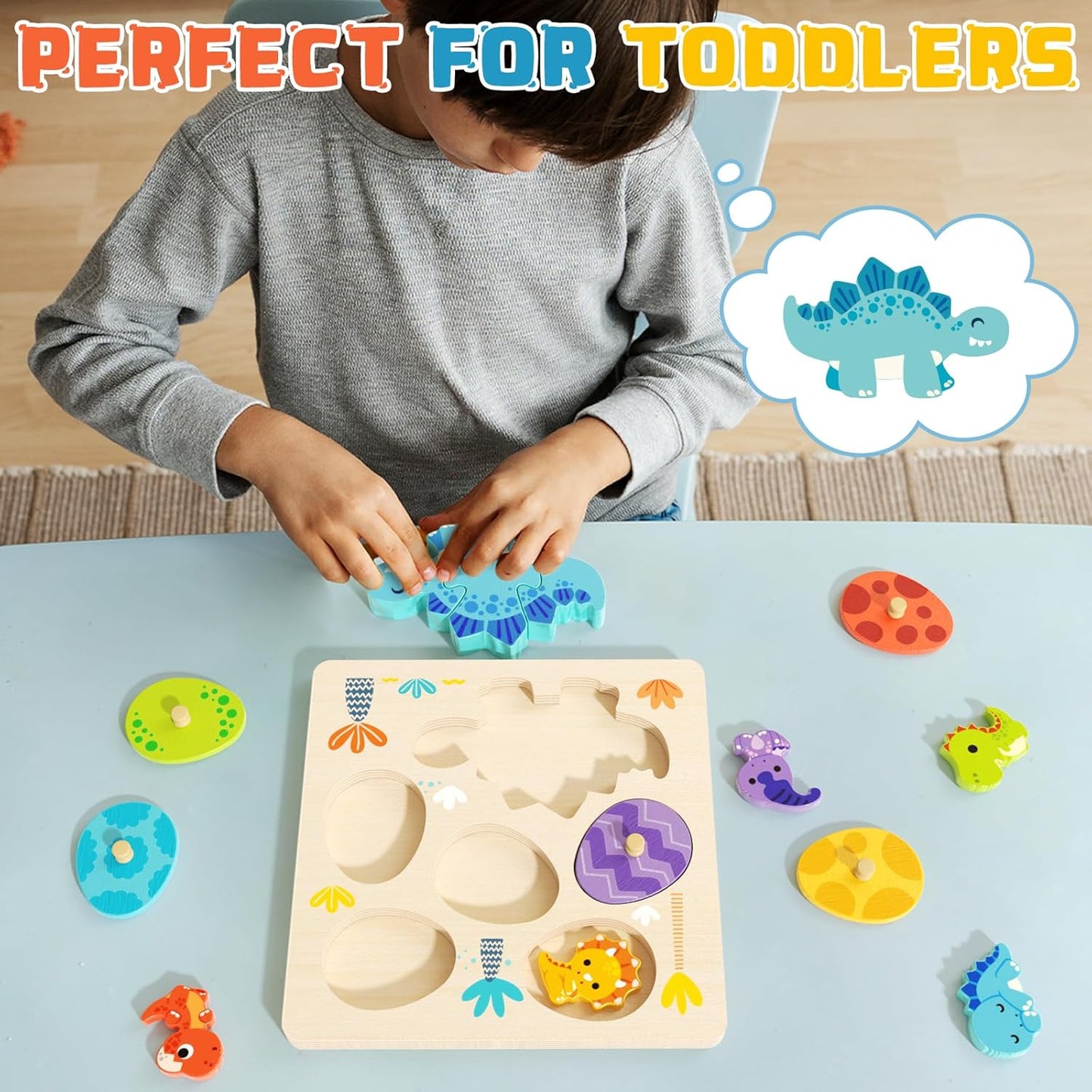 Wooden Toddler for Puzzle 2-4, Dinosaur Matching Eggs Peg Puzzles, Preschool Learning Educational Montessori Toys for 2 3 4 Year Old Boys Girls