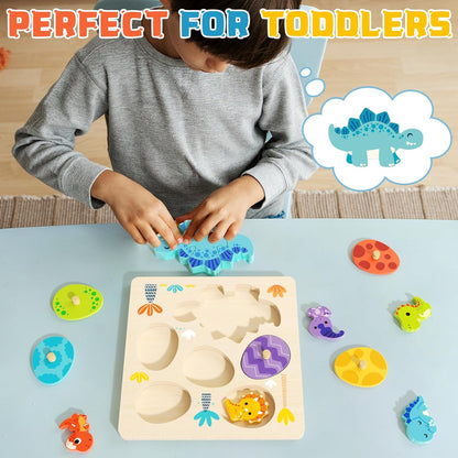 Wooden Toddler for Puzzle 2-4, Dinosaur Matching Eggs Peg Puzzles, Preschool Learning Educational Montessori Toys for 2 3 4 Year Old Boys Girls