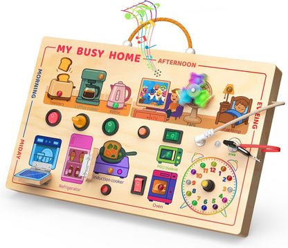 flycoost Busy Board with LED Light Switches,Toddlers Montessori Educational Toys for 1 2 3 Years Olds,Wooden Autism Activity Baby Busy Board,Sensory Travel Toys 1+ Year Old Boy&Girl Birthday Gift