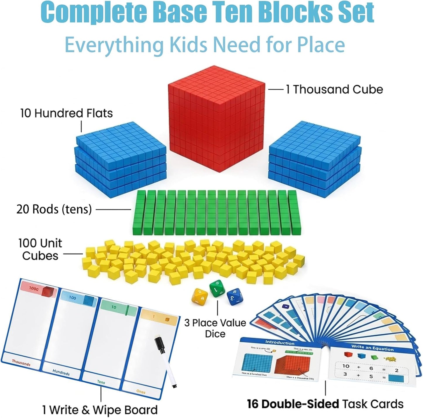 153 pcs Base Ten Blocks Math Manipulatives, Counting Cubes Set for Kids, Place Value Blocks for Kindergarten 1st Grade Classroom Homeschool Learning Kit