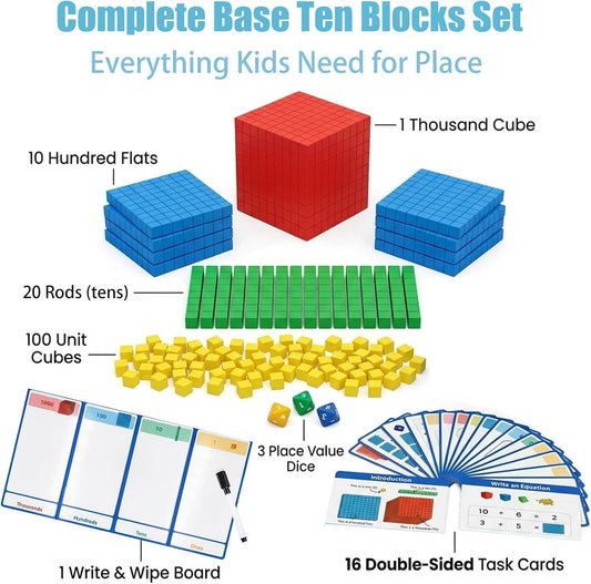 153 pcs Base Ten Blocks Math Manipulatives, Counting Cubes Set for Kids, Place Value Blocks for Kindergarten 1st Grade Classroom Homeschool Learning Kit