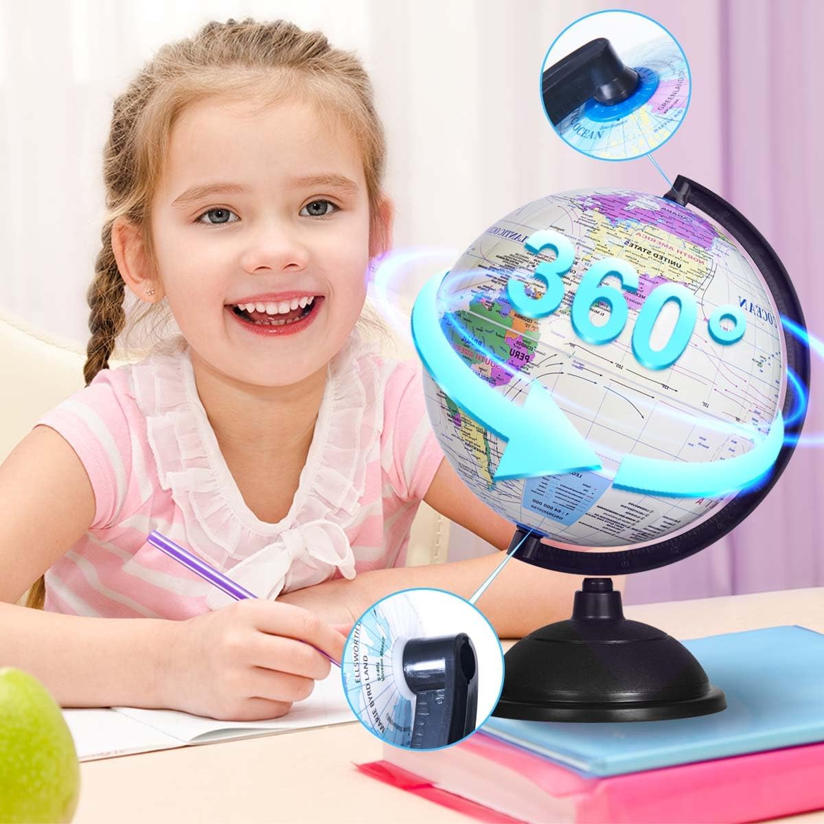 KISEER 8 Inch World Globe with Stand Rotating Earth Spinning Globe for Kids Geography Classroom Education or Decorations (Blue)