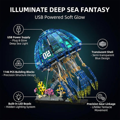 Biomimetic Mechanical Jellyfish Building Block Set – Gear-Driven Ocean Creature Model with Moving Tentacles and Display Base