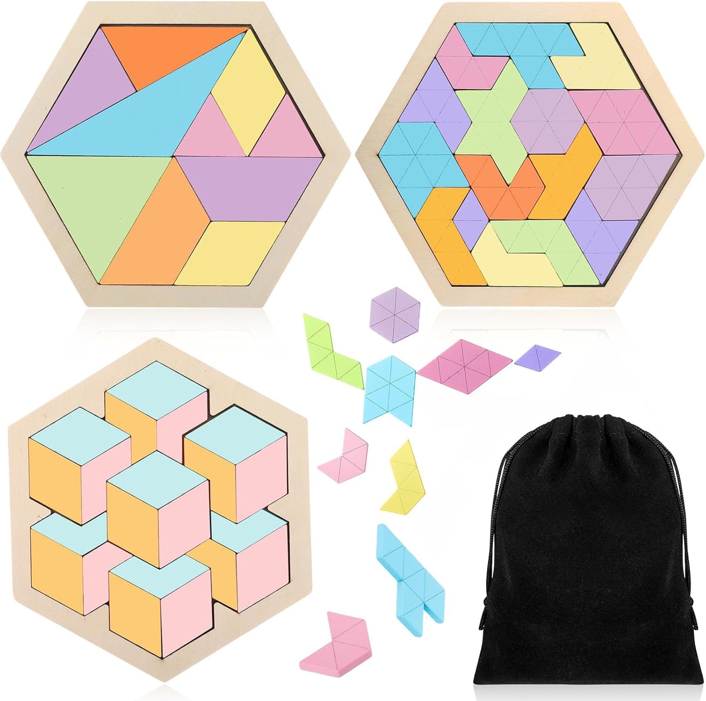 Yunsailing 3 Pack Large Hexagon Tangram Puzzle Wooden Brain Puzzles for Adult Challenge Wood Russian Blocks Brain Teasers Geometric Jigsaw Block Logic Iq Stem Family Graduation Gifts(Vintage)