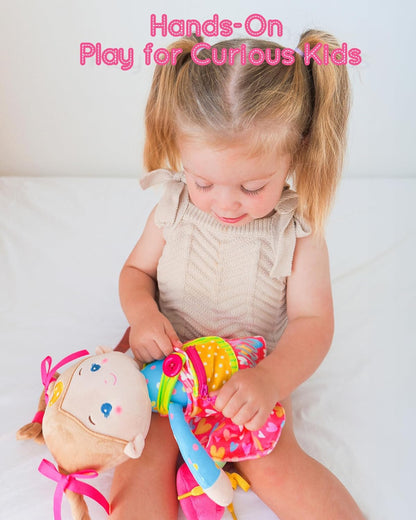 LeyaDoll Soft Bady Educational Soft Baby Doll(16''), Learning Sensory Doll for Toddlers, Montessori Toys for 2-Year-Old Girls Christmas, Birthday Gifts, Plush Doll with Button-Busy Cupcake-Girl