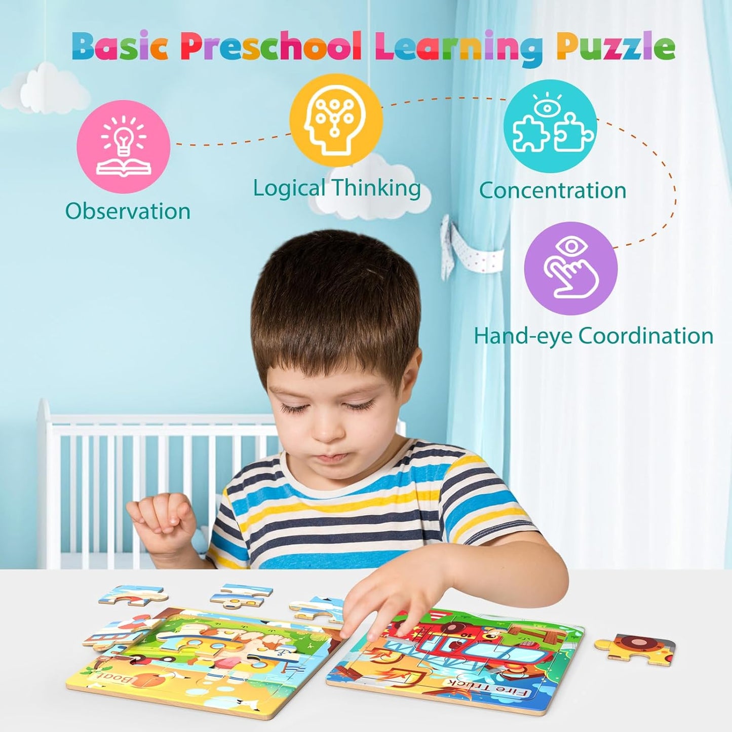 Zeoddler Wooden Puzzles for Toddlers, 8 Pack Farm Animal Jigsaw Puzzles for Kids3-5, 9 Pieces Preschool Learning Activities, Learning & Educational Toys, Gift for Boys, Girls