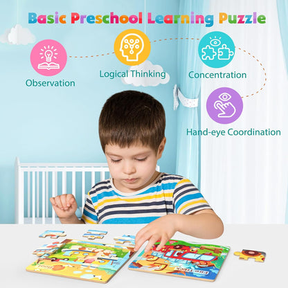 Zeoddler Wooden Puzzles for Toddlers, 8 Pack Farm Animal Jigsaw Puzzles for Kids3-5, 9 Pieces Preschool Learning Activities, Learning & Educational Toys, Gift for Boys, Girls