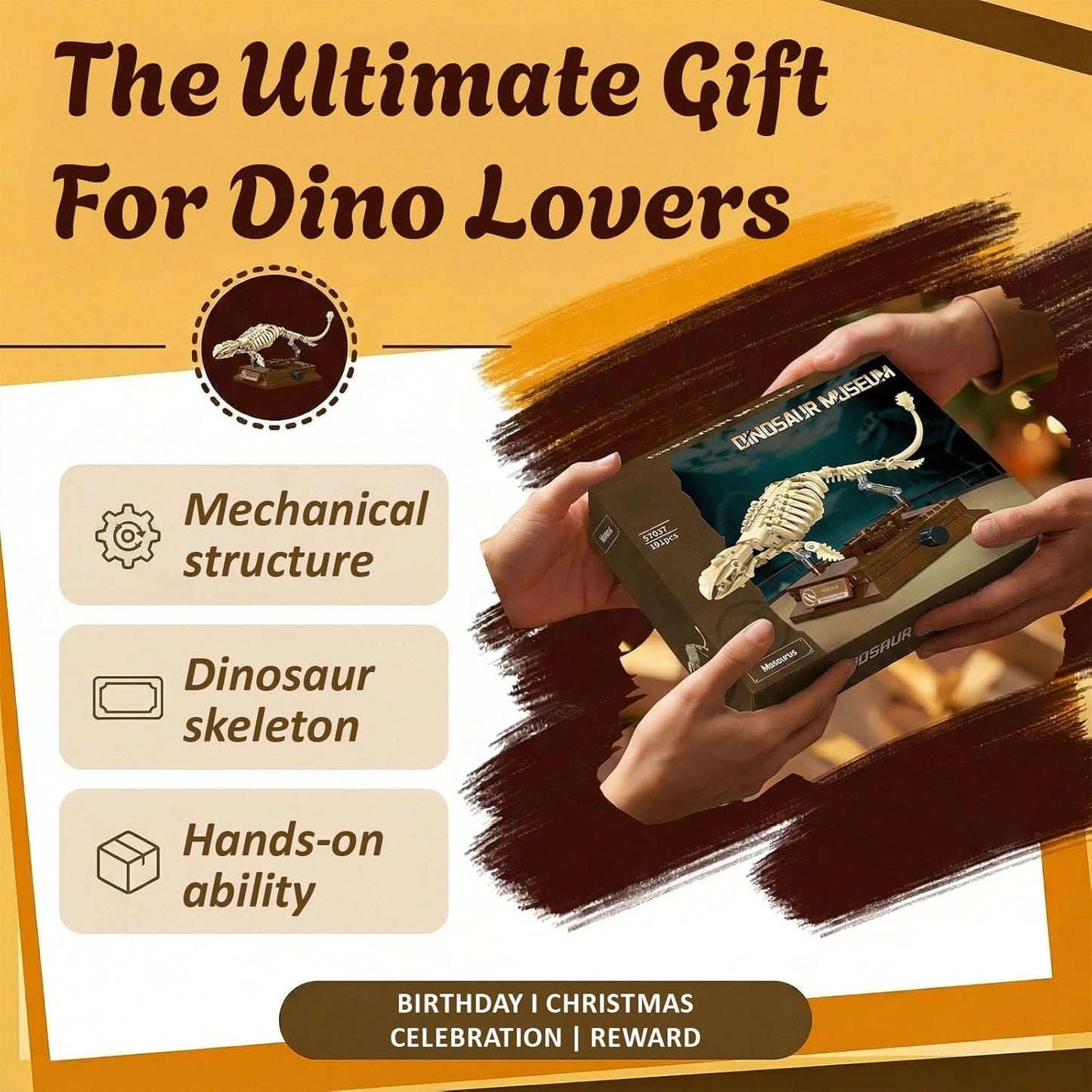 Mosasaurus Fossil Building Block Set – Mechanical Dinosaur Skeleton Model with Gear-Driven Movement and Display Base