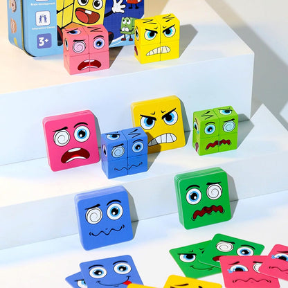 Wooden Face Changing Magic Cube Game, Montessori Puzzle Game for Kids Educational Face Changing Cubes