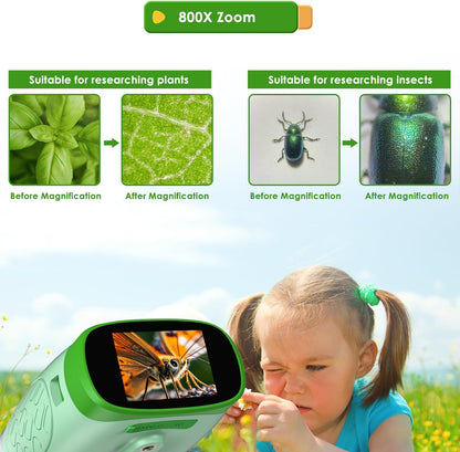 Digital Microscope for Kids, 3-in-1 2" IPS Screen Handheld Electronic Microscope Telescope Digital Camera, 800X Zoom, Taking Videos and Pictures, Adjustable LED Light, 32GB Card Included
