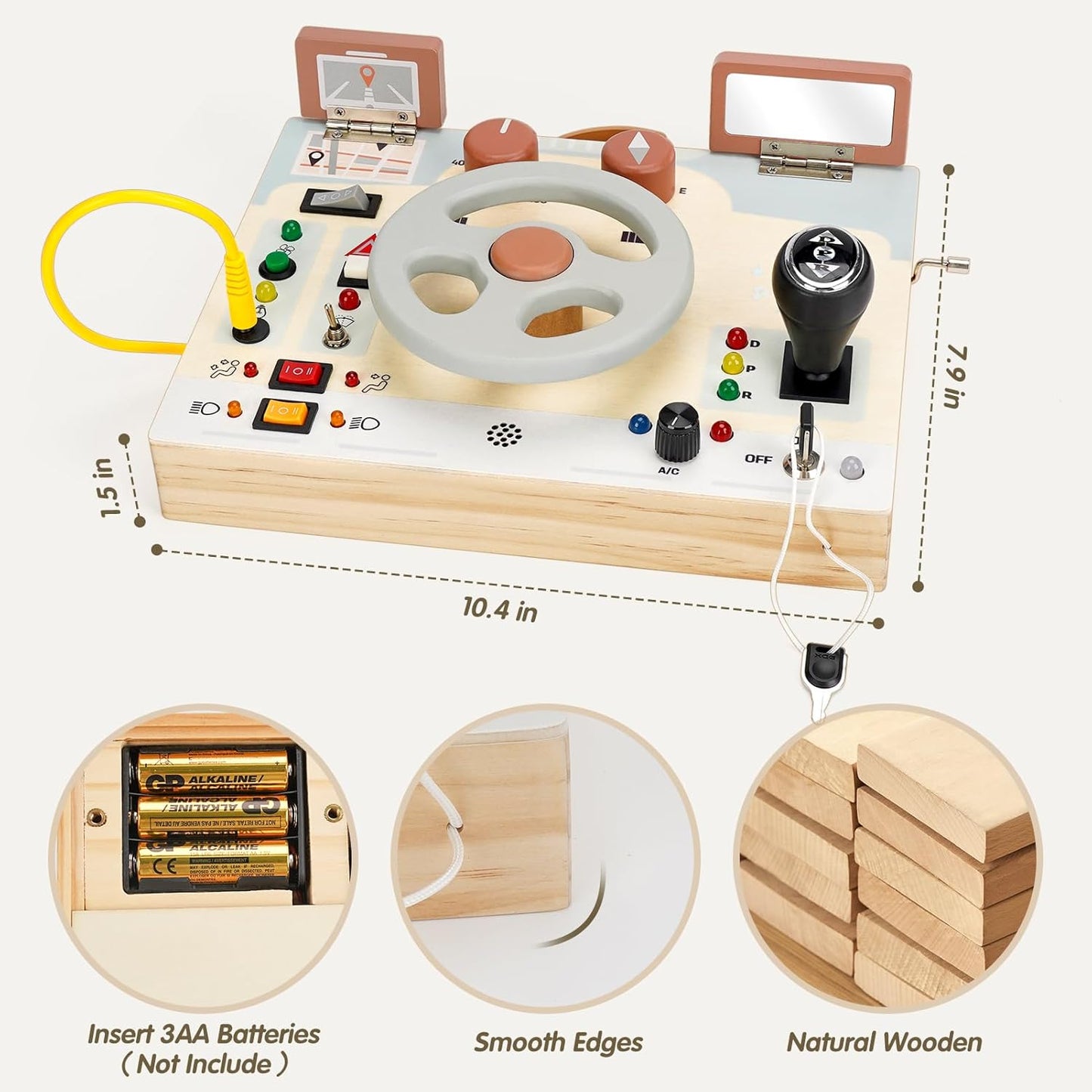 Joyreal Toddler Busy Board with LED Lights, Steering Wheel, Sounds, Montessori Toys for 1+ Year Old, Fidget Board Sensory Travel Toy, Gifts for Boys and Girls