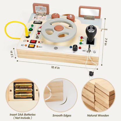 Joyreal Toddler Busy Board with LED Lights, Steering Wheel, Sounds, Montessori Toys for 1+ Year Old, Fidget Board Sensory Travel Toy, Gifts for Boys and Girls