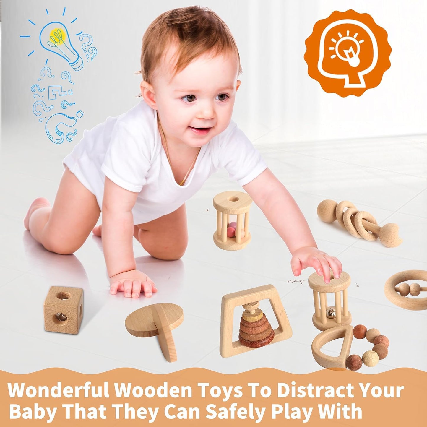 Wooden Rattles for Baby, 7PCS Wooden Montessori Toys for 7-24 Months Baby Boy Girl, Natural Beech Wood Grasping Toy, Gift for Babies