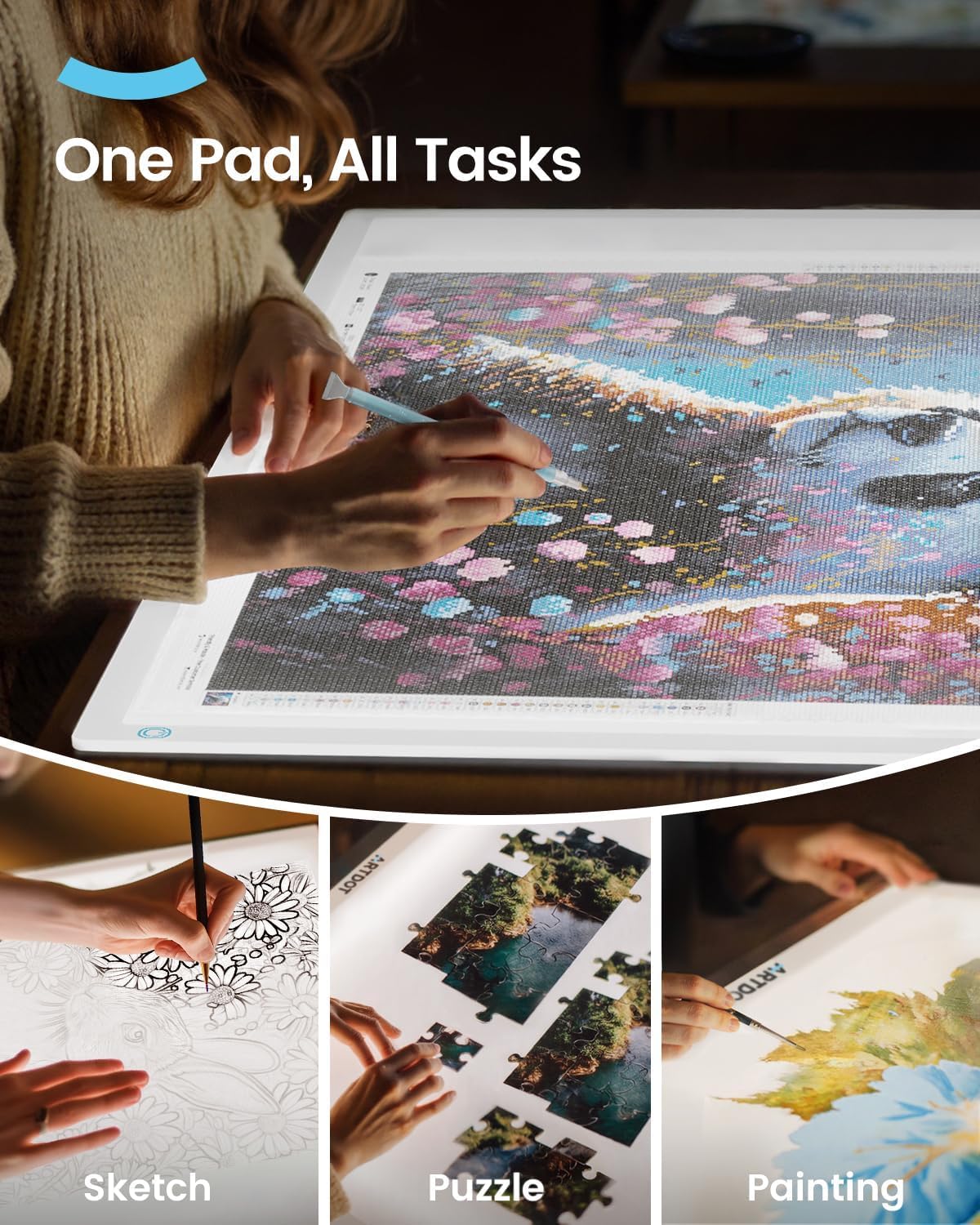 ARTDOT A4 LED Light Pad for Diamond Painting Kits for Adults, USB Powered Adjustable Brightness Diamond Art Light Board with Accessories