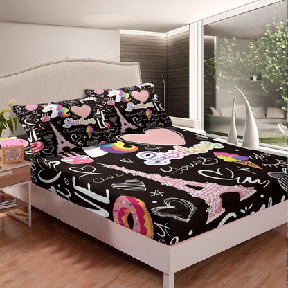 Manfei Musical Kids Fitted Sheet Full Size, MusicalGuitar Radio Drum Kit Headset Print Bedding Set 3pcs for Boys Girls, Rock Music Bed Cover with 2 Pillowcases, Soft Polyester Bedding, No Top Sheet