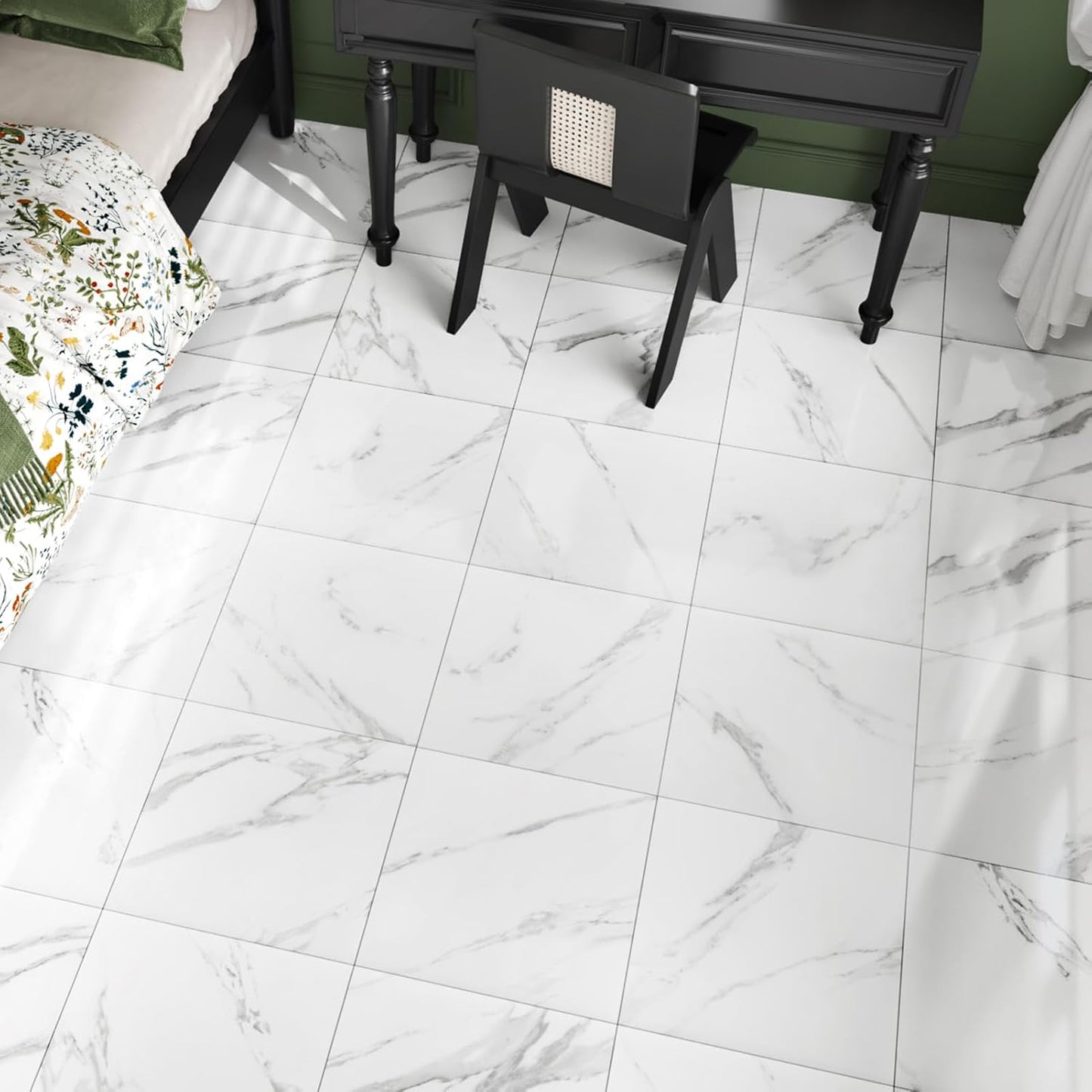 Wallercity White Marble Peel and Stick Vinyl Floor Tiles 6-Pack 12x12 Inches Self Adhesive Waterproof Flooring Planks for Bathroom Kitchen Bedrooms Stick on Floor Tiles Laminate Sheets Vinyl Flooring