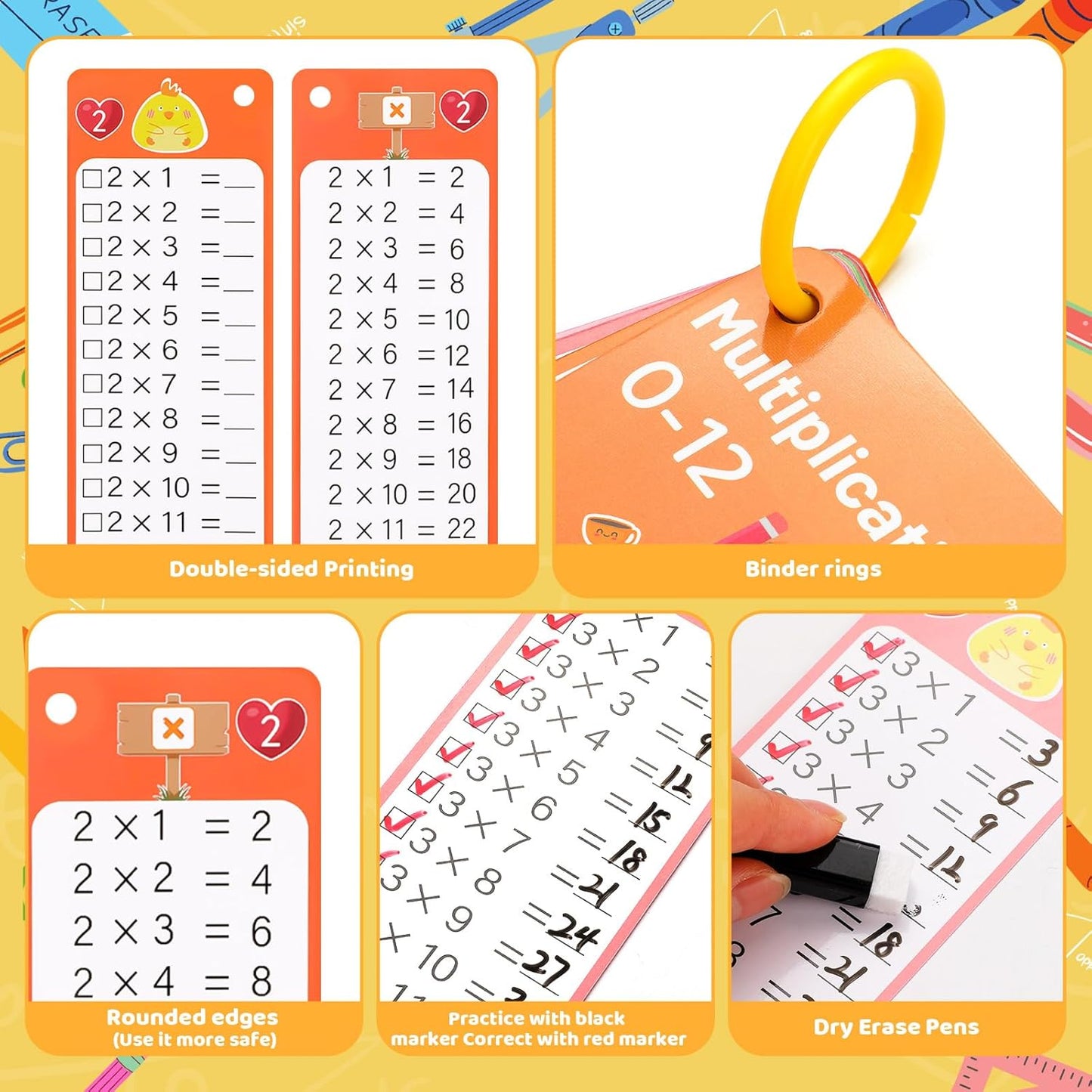 15Pcs Multiplication Flash Cards 0-12, Time Table Flash Cards Chart with 2 Dry Erase Pens 1 Rings, Educational Math Multiplication Chart for 1st to 3rd Grades Fun Learning with Math Game