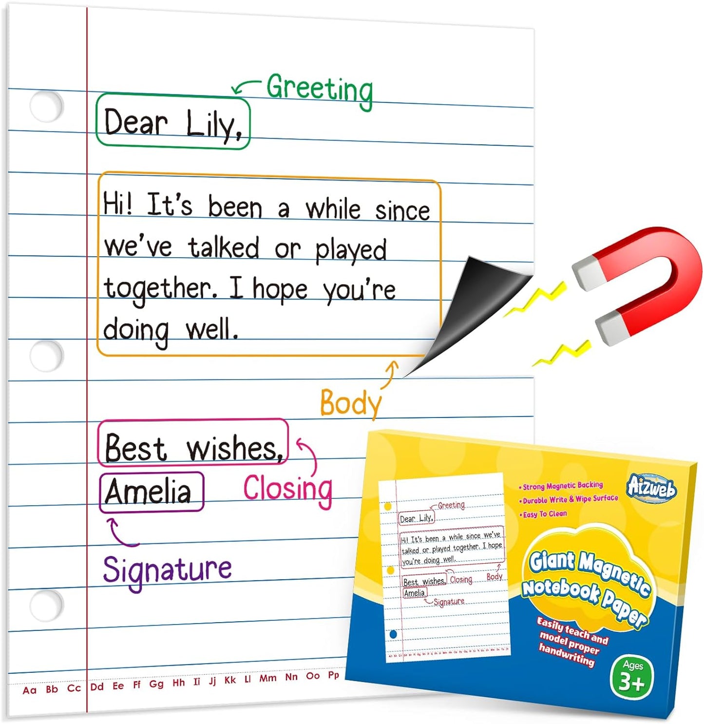 Aizweb Giant Magnetic Lined Notebook Paper,2 Dry Erase Sheets,Total Area 17" x 21.5",Handwriting Practice for Classroom Whiteboard,Chart Paper Teacher Must Have Homeschool Teaching Supplies