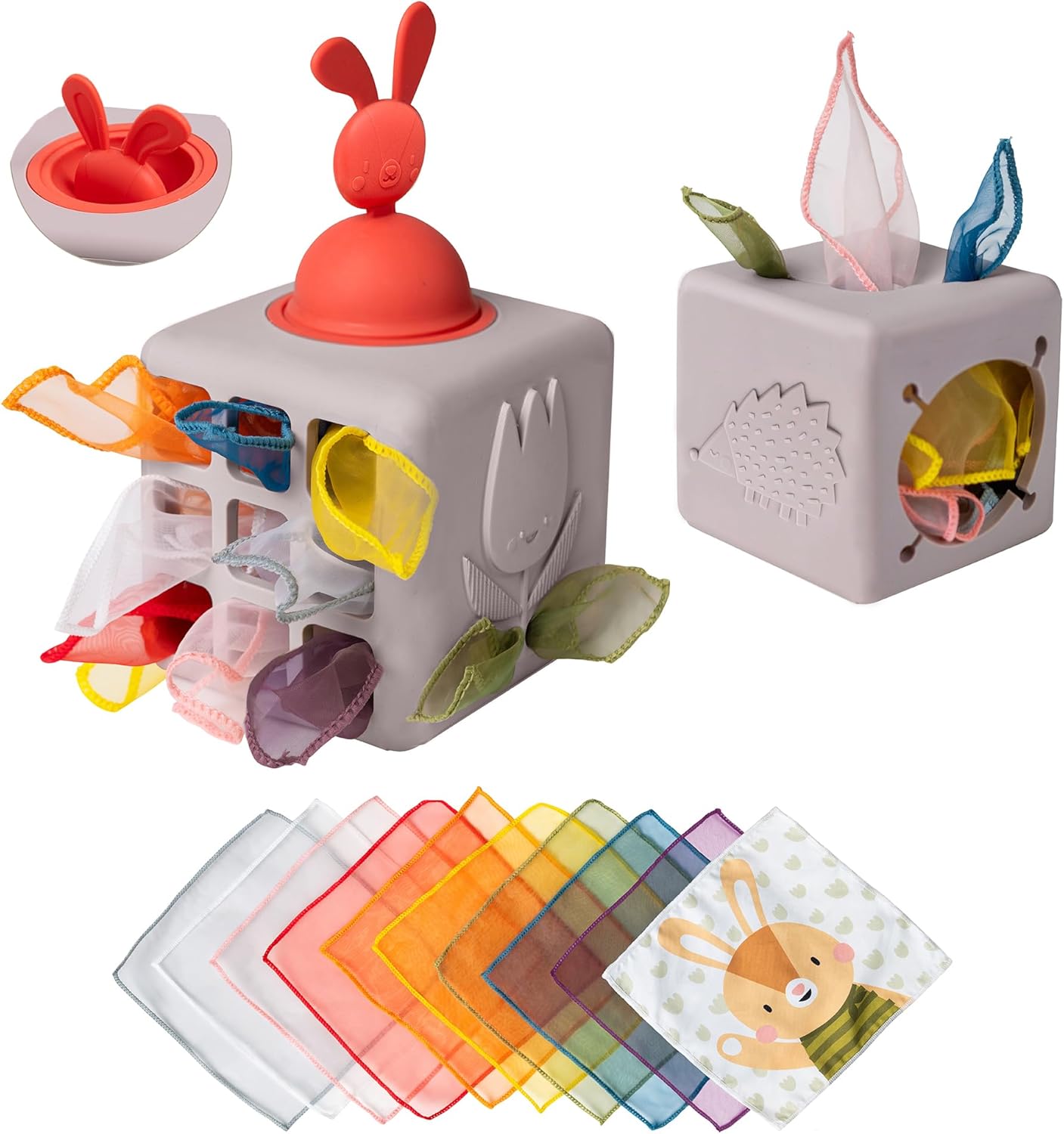 Taf Toys Baby Tissue Box Toy Silicone Baby Toys 6-12 Months Montessori Toys Sensory Activity & 10 Tissues for Fine Motor Development Soft Interactive Silicone Learning Cube for 1 Year Old Toddlers