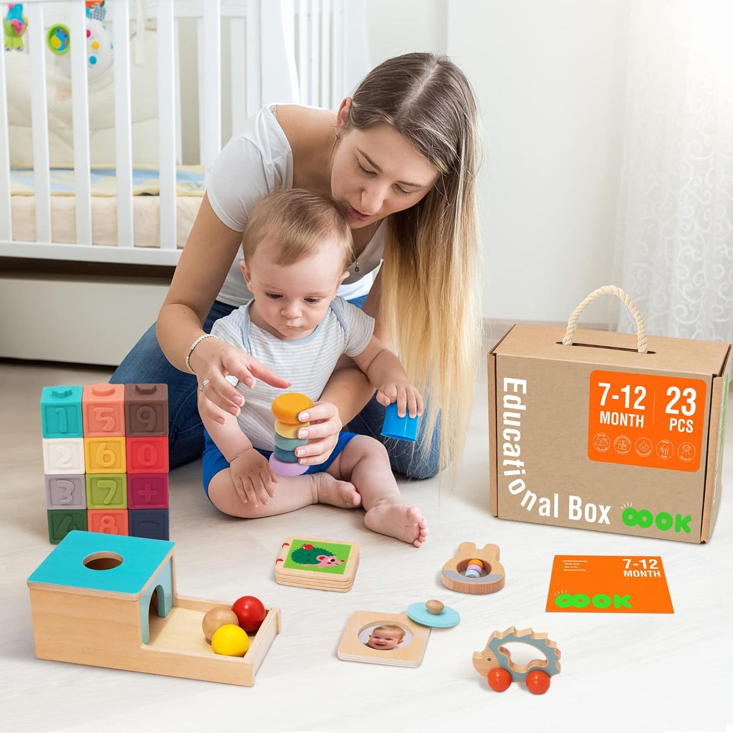 TOOKYLAND Montessori Toys for 1 Year Old, 8 in 1 Learning Educational Set Wooden Toys (Includes Stacking Cups, 3-in-1 Educational Box, Pound Bench, Shape Puzzle and More)