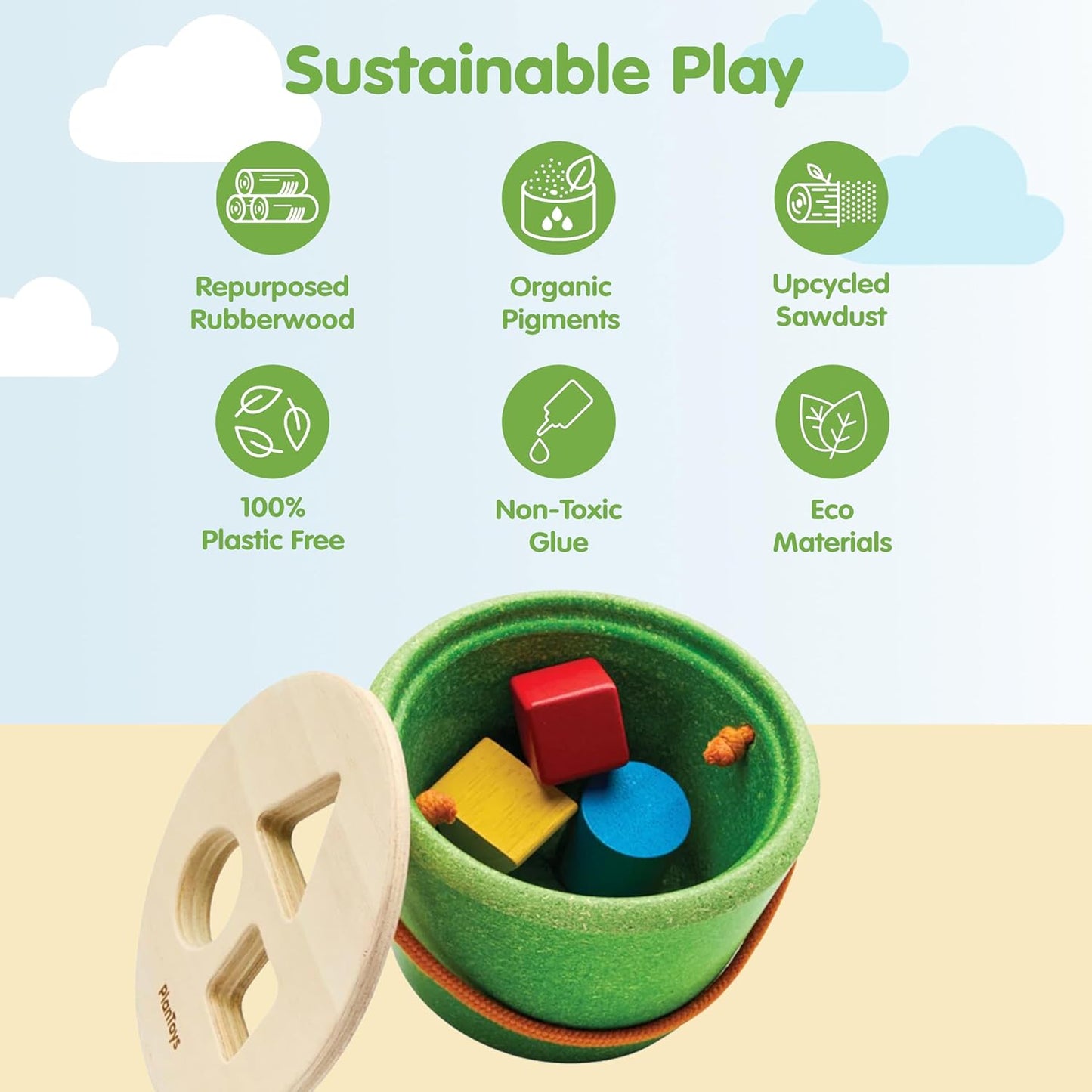 PlanToys® Geo Sorting Bucket | Wooden Shape Matching Toy for Toddlers 12M+ | Montessori Educational Sorting Toy with 3D Blocks | Develops Shape Recognition, Problem-Solving & Fine Motor Skills