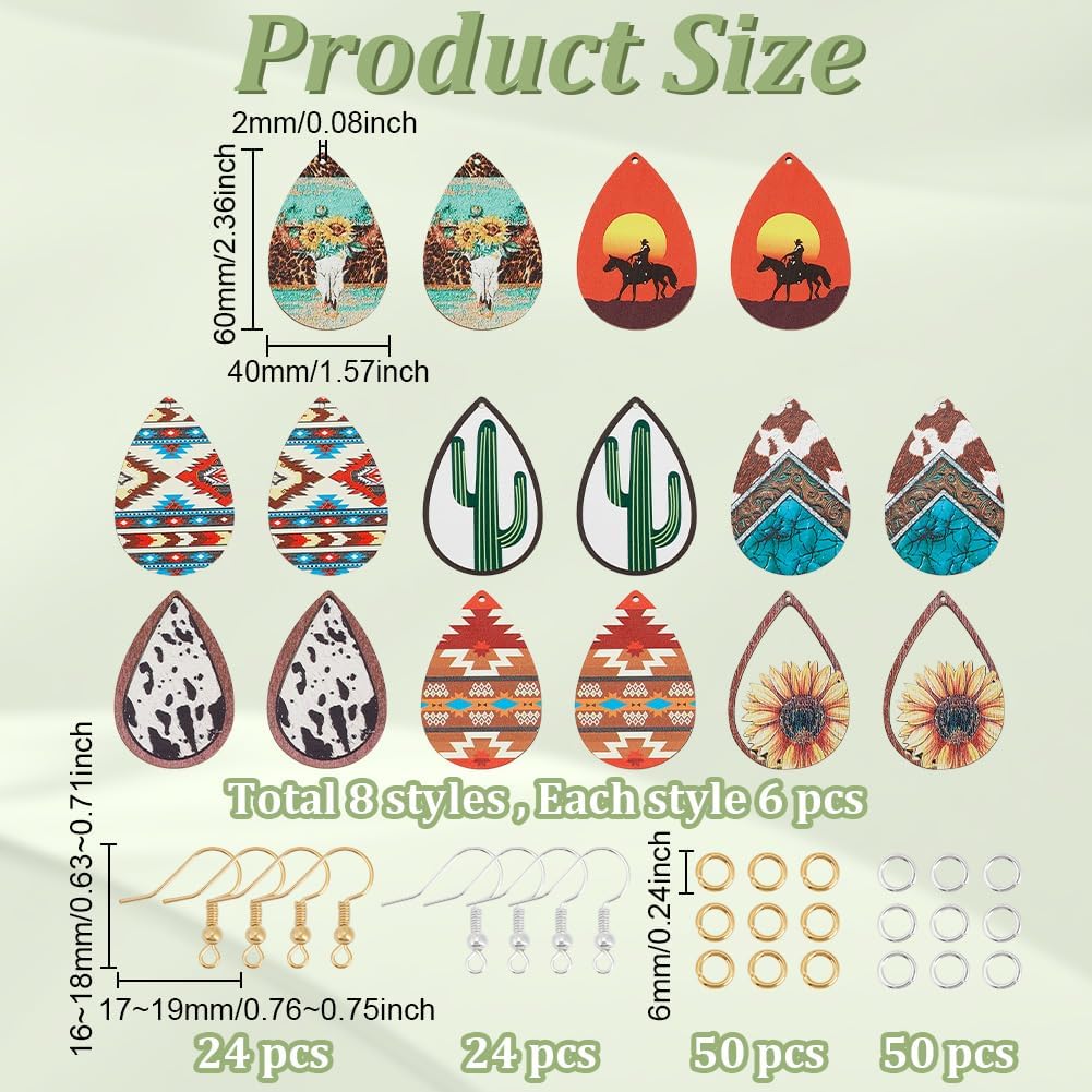 Wooden Dangle Earring Making Kit for Jewelry Making with 48Pcs 8 Western Style Wooden Colorful Pendants Teardrop Charms 48Pcs Earring Hook 100Pcs Jump Rings Gold Silver