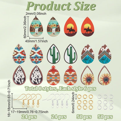 Wooden Dangle Earring Making Kit for Jewelry Making with 48Pcs 8 Western Style Wooden Colorful Pendants Teardrop Charms 48Pcs Earring Hook 100Pcs Jump Rings Gold Silver