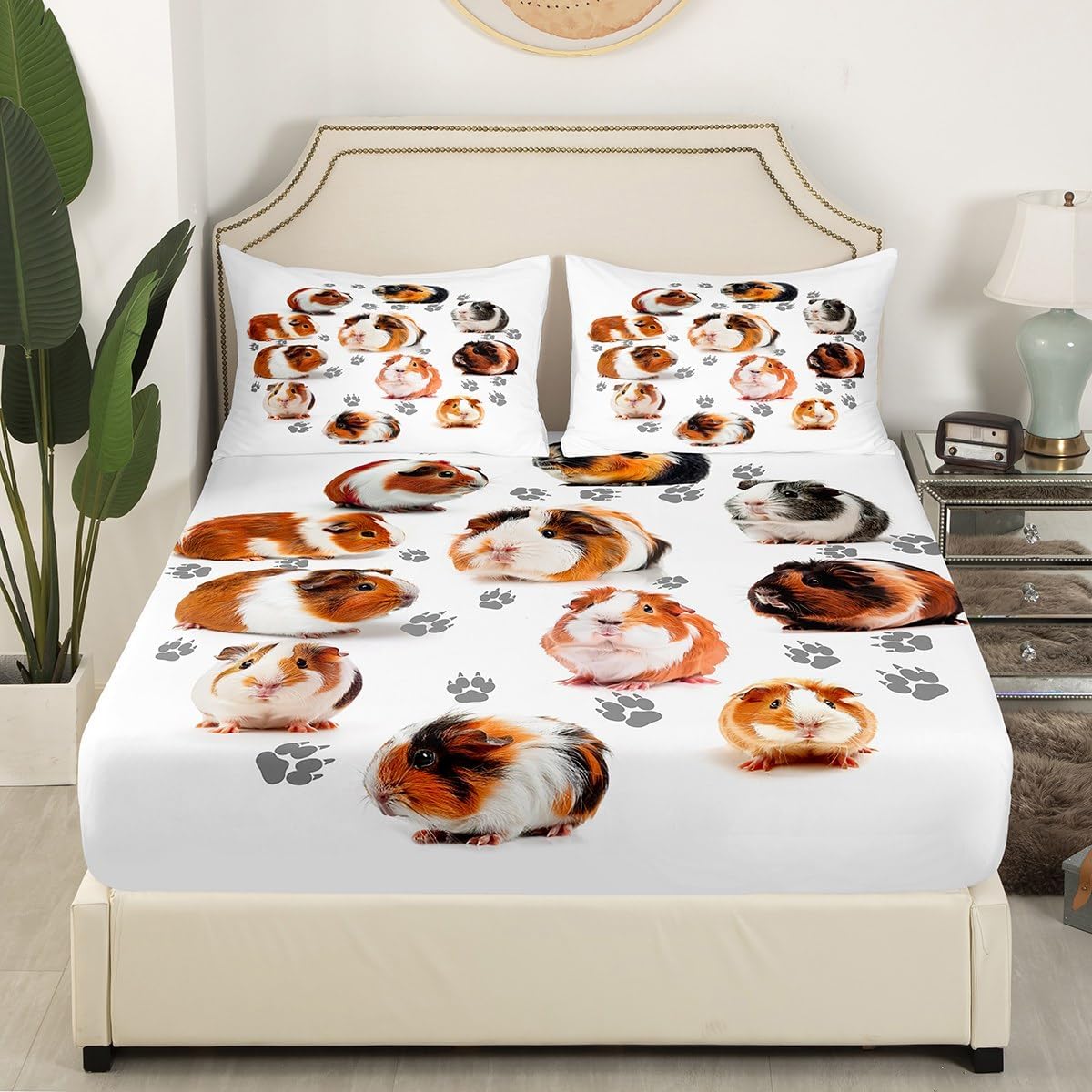 Manfei Musical Kids Fitted Sheet Full Size, MusicalGuitar Radio Drum Kit Headset Print Bedding Set 3pcs for Boys Girls, Rock Music Bed Cover with 2 Pillowcases, Soft Polyester Bedding, No Top Sheet