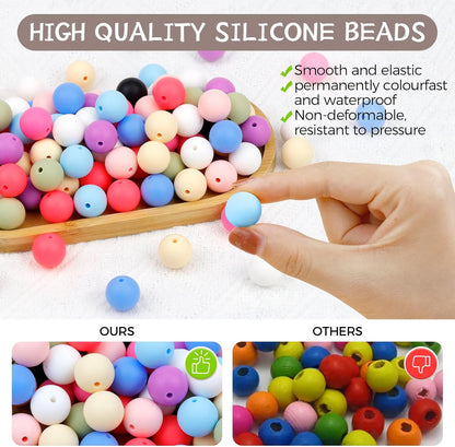 120PCS FIVEIZERO Silicone Beads for Keychain Making, 15mm Glacier Gray Round Silicone Rubber Focal Beads Bulk for DIY Crafts, Bracelets, Necklaces, and Pens