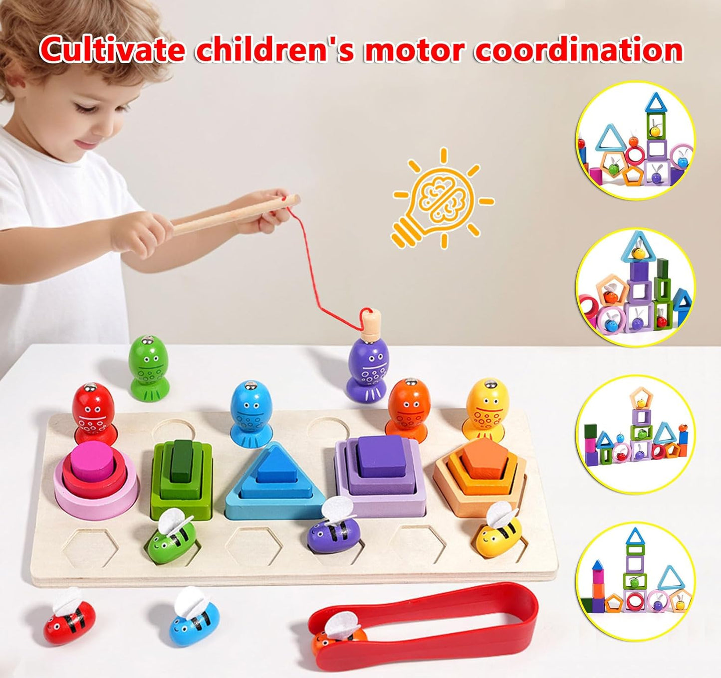 Wooden Montessori Toys for 3 Year Old，Shape Sorter Stacking Games, Fishing Games Preschool Learning Educational Toys for Boys Girls Toddlers (Little Bee)