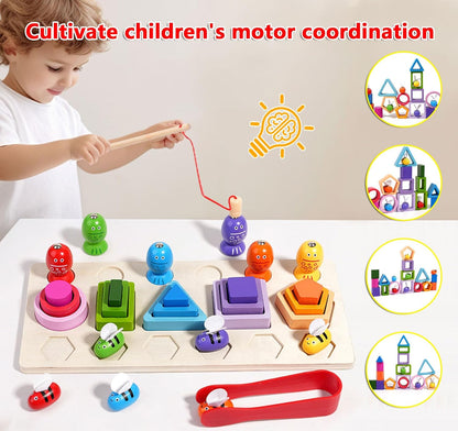Wooden Montessori Toys for 3 Year Old，Shape Sorter Stacking Games, Fishing Games Preschool Learning Educational Toys for Boys Girls Toddlers (Little Bee)