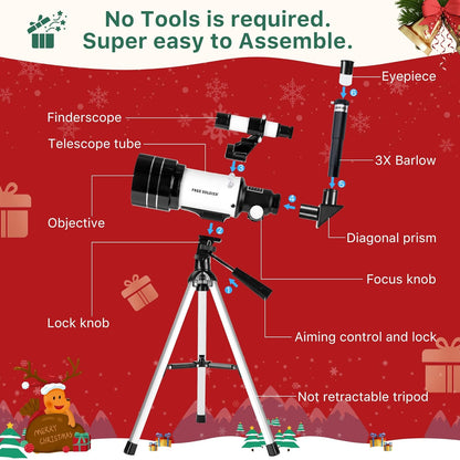 FREE SOLDIER Telescope for Kids 70mm Aperture Astronomical Refractor Telescopes for Beginners (15X-150X) 300mm Telescope for Adults High Powered with A Phone Adapter & A Wireless Remote (White)