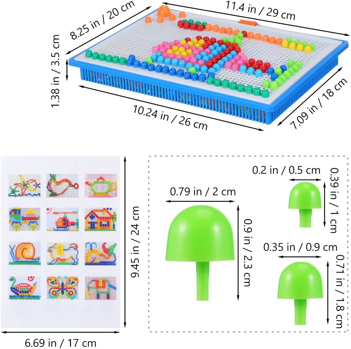 Mushroom Nails Pegboard Toy 296-Piece Educational Puzzle with Letters and Numbers Set for Kids Motor Skills Logic Thinking 11.41X8.26X1.37In