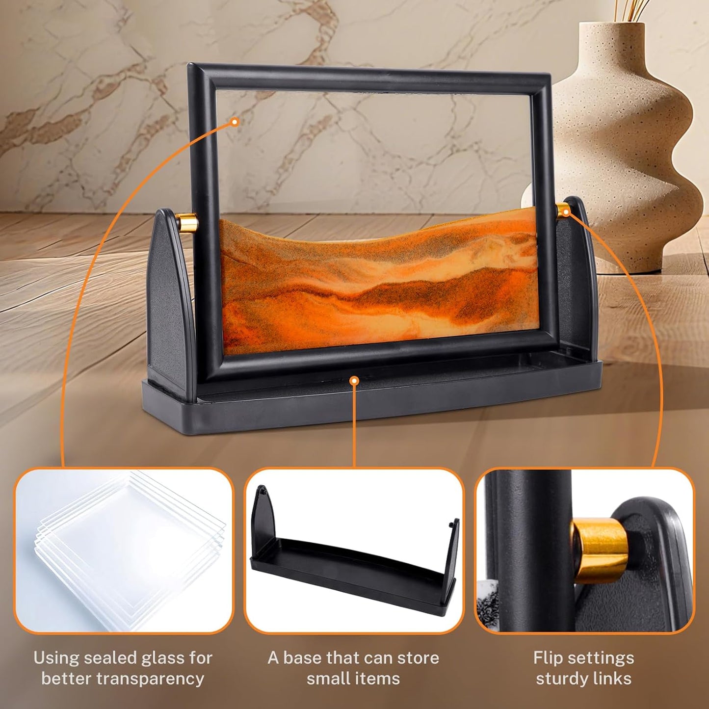 BOLGRLONG Moving Sand Art Liquid Motion 3D Dynamic Mountains Sandscape Painting, Square Glass Sands Painting with Easy-Flip Stand, Sensory Relaxing Decor for Home and Office (9") (Black)