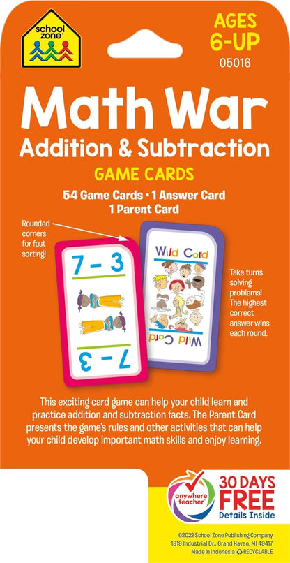 School Zone Math War Addition & Subtraction Game Cards: 56 Cards, Kindergarten, 1st Grade, 2nd Grade, Math Games, Numbers, Math Facts, Early Math, Ages 6+