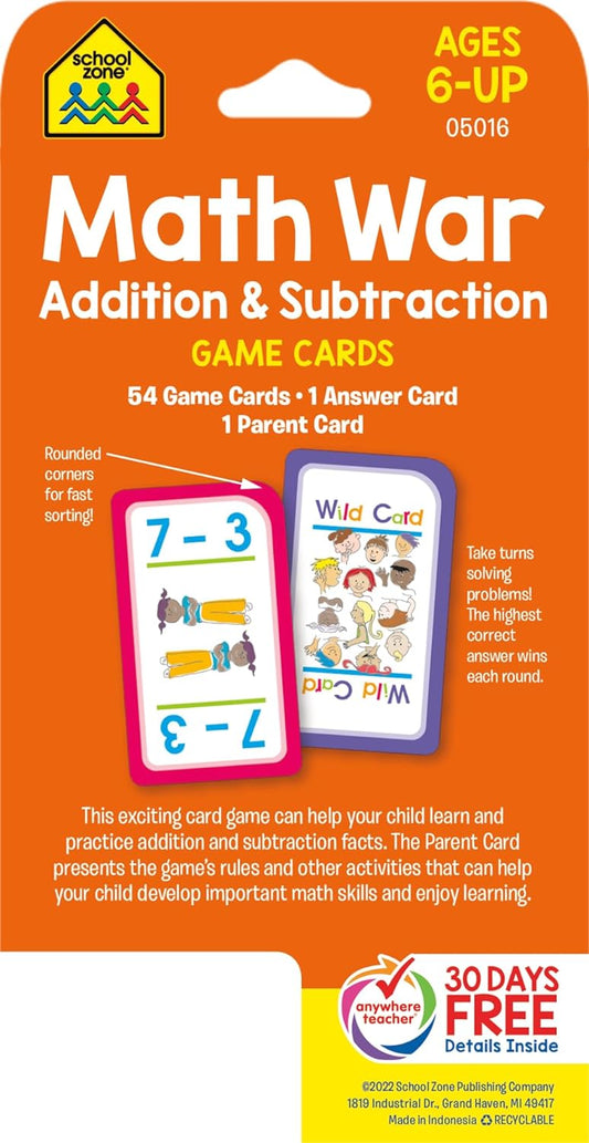 School Zone Math War Addition & Subtraction Game Cards: 56 Cards, Kindergarten, 1st Grade, 2nd Grade, Math Games, Numbers, Math Facts, Early Math, Ages 6+