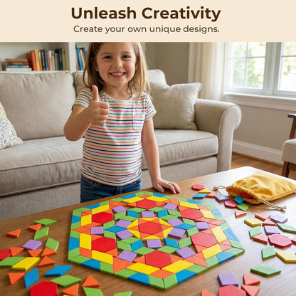 209 PCS Shapes Wooden Pattern Blocks for Kids, Geometric with Activity Cards and Storage Bag, Educational Tangram Puzzles,Great Learning Gift from Parents or Teachers