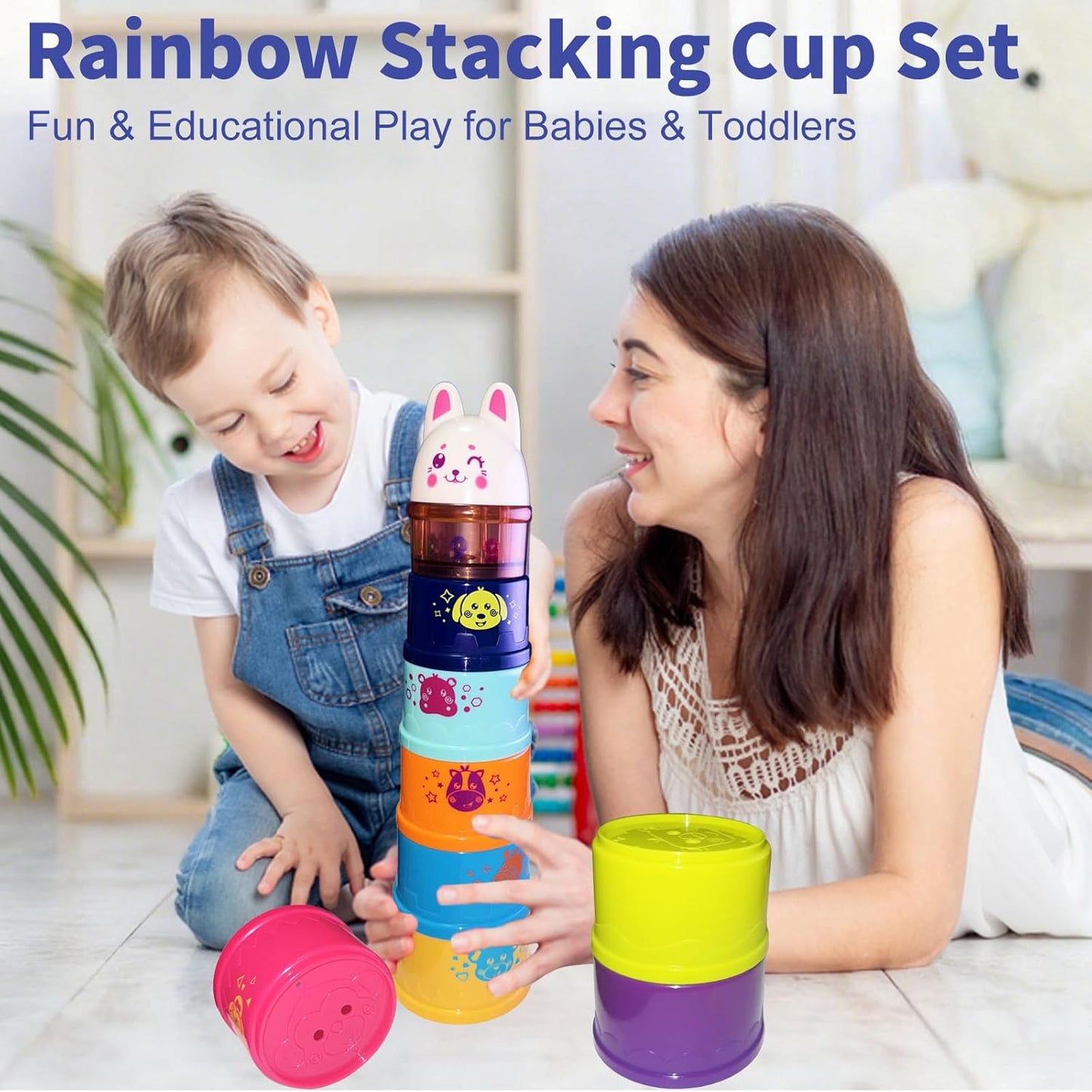 WEEJOYGAM Baby Stacking Cups, Nesting Stacking Toys for Toddlers 1-3 with Light and Sound, Montessori Toys for 1 Year Old Babies 6-12 12-18 Months Easter Gift Color Stack Bath Beach Blocks Rainbow Set