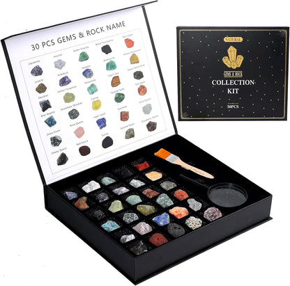 Rock Collection for Kids - 30 Pcs Rocks, Gemstones & Crystals Kit with Learning Guide,Mineral Education Set Geology Science STEM Toys, Earth Science Activity,Gifts for Boys & Girls
