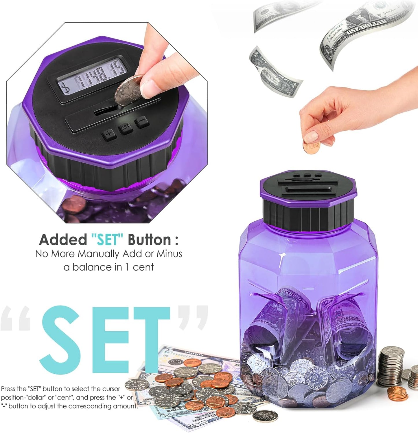 X-Large Piggy Bank for Adults Kids, Vcertcpl Digital Coin Counting Bank with LCD Counter, 2.4L Capacity, Great Coin Counter Bank Money Counting Jar with Total Amount Displayed (Purple)