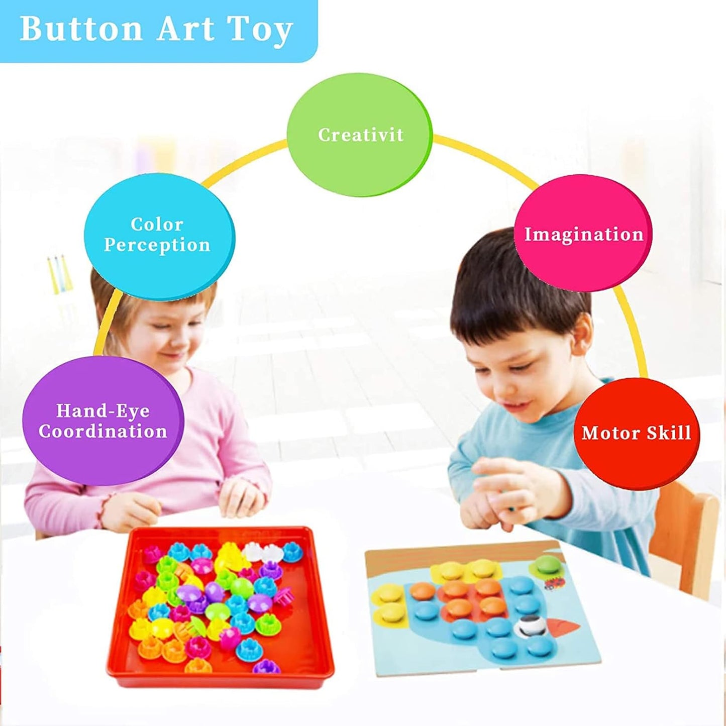 Yihurlm 58 Pcs Button Art Toys for Toddlers,Color Matching Mosaic Pegboard Early Learning Educational Toys,Toddler Activities Crafts for Toddlers,Include 12 Pictures and 46 Buttons with Box