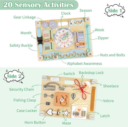 Montessori Large Double-Sided Busy Board for 1 2 3 4 Year Old- Wooden Sensory Toys -Fidget Activity Board for Toddlers Boys and Girls- Motor Skills Gifts for ADHD & Autistic Children Kids