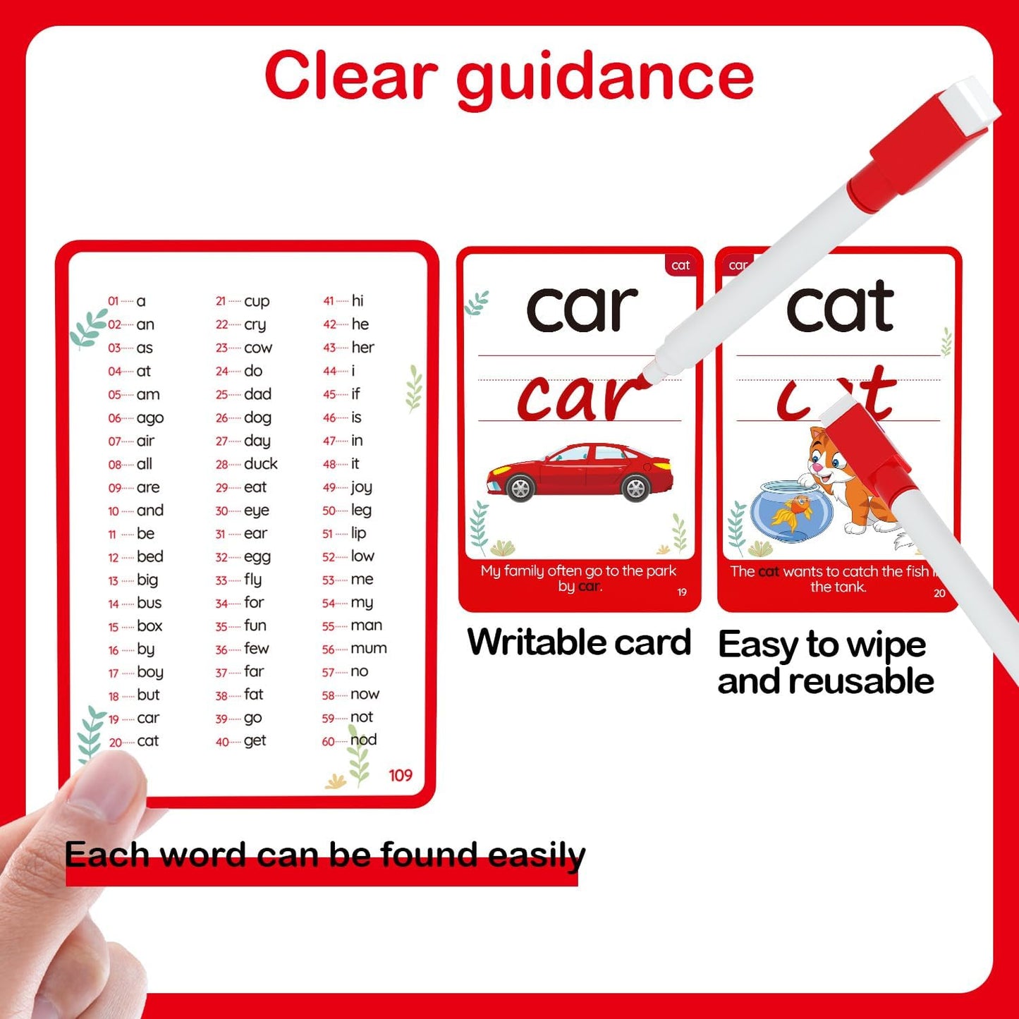 WJPC 55 Cards, 106PCS High Frequency First-Grade Sight Words Flash Cards, 1st Grade Phonics Learning Cards for 5,6,7,8 Years Ages Kids Boys, Girls Learn to Read, Write, Association, Sentence Making