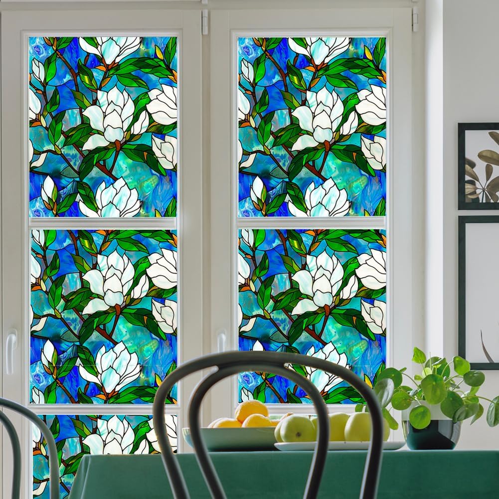 JOONOR Privacy Window Film Stained Glass Window Sticker Non-Adhesive Frosted Glass Film Decorative Magnolia Flower Pattern Static Cling Decals for Home UV Blocking/Heat Insulation 17.7 x 39.4 Inch